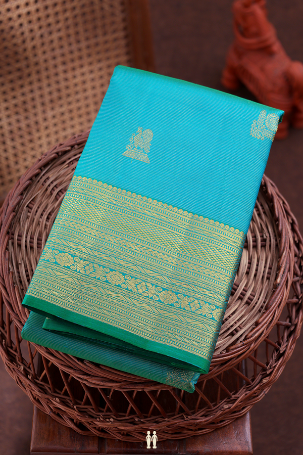 Kanchipuram Silk Saree In Peacock Blue With Stripes Design