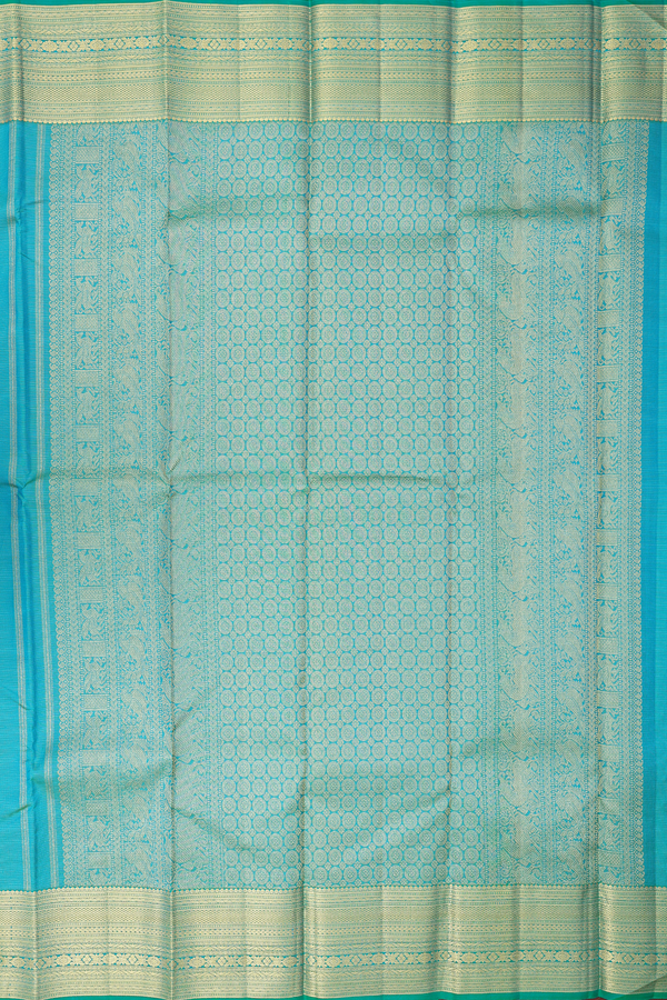 Kanchipuram Silk Saree In Peacock Blue With Stripes Design