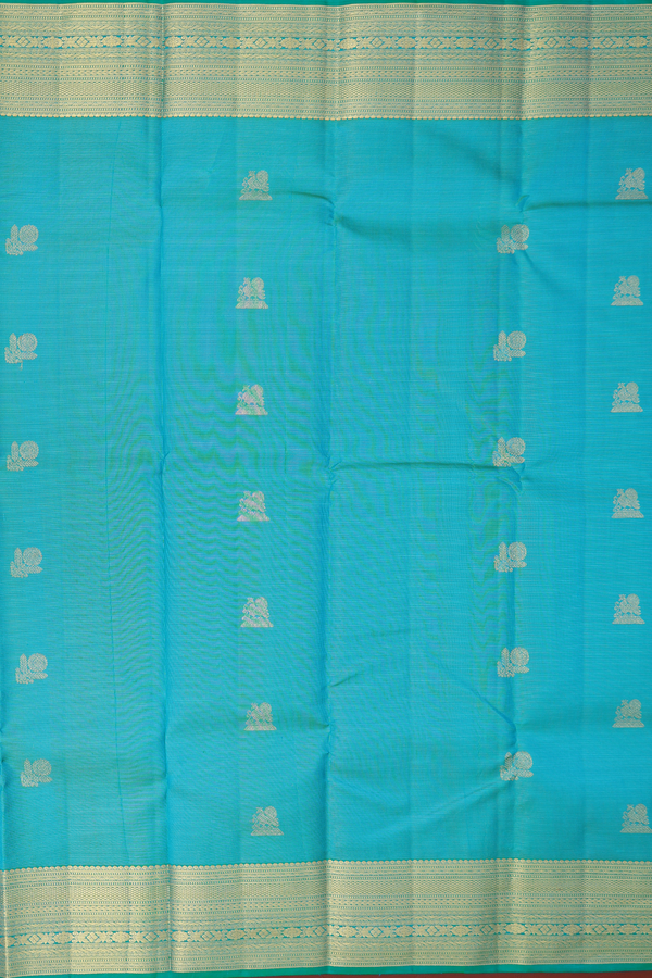 Kanchipuram Silk Saree In Peacock Blue With Stripes Design