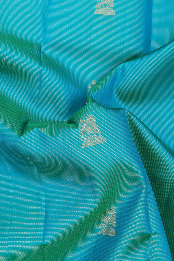 Kanchipuram Silk Saree In Peacock Blue With Stripes Design