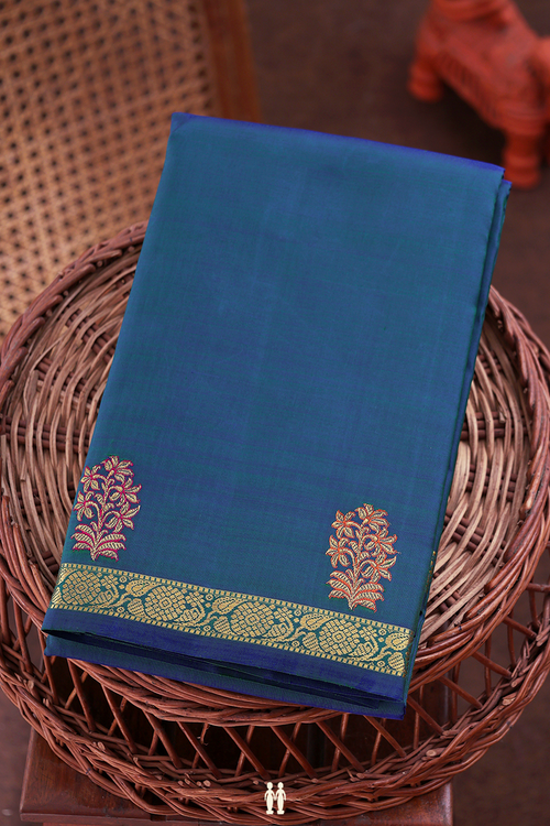 Kanchipuram Silk Saree In Prussian Blue With Zari Border