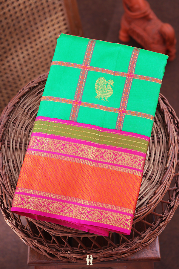 Kanchipuram Silk Saree In Jade Green With Checks Design