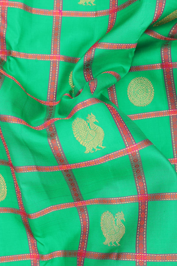 Kanchipuram Silk Saree In Jade Green With Checks Design