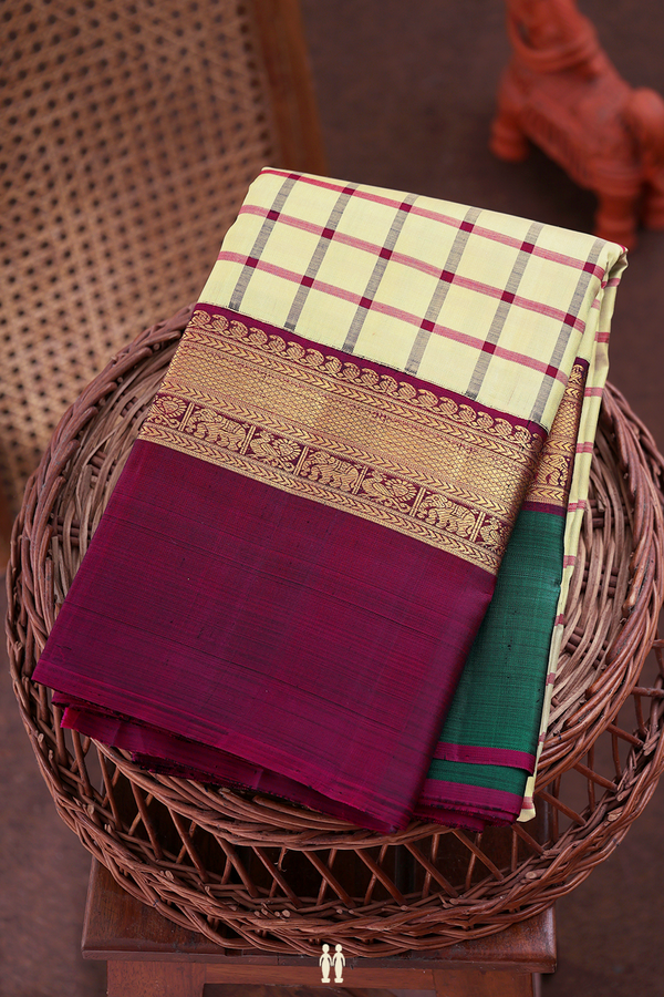 Kanchipuram Silk Saree In Beige With Checks Design