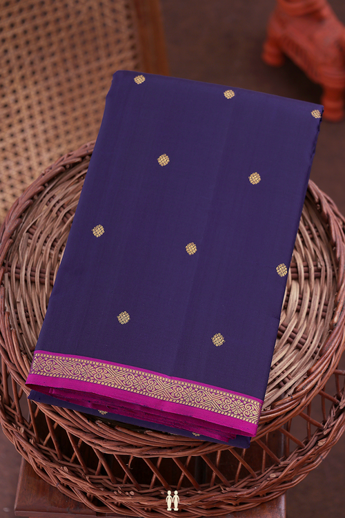 Kanchipuram Silk Saree In Navy Blue With Zari Buttis