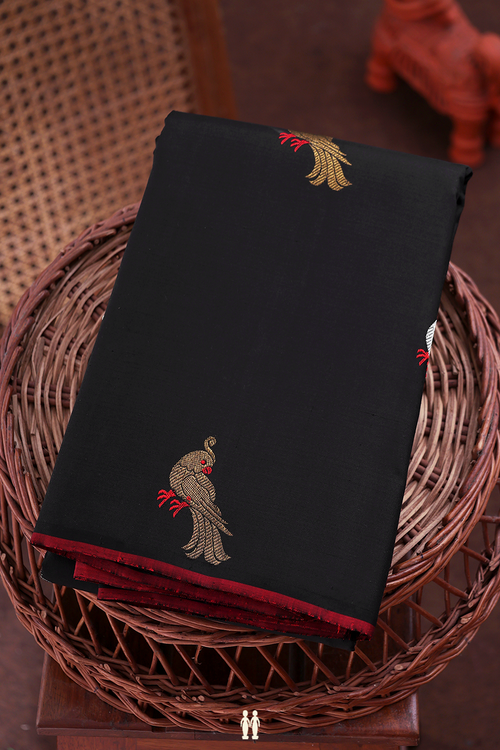 Kanchipuram Silk Saree In Black With Parrot Motifs