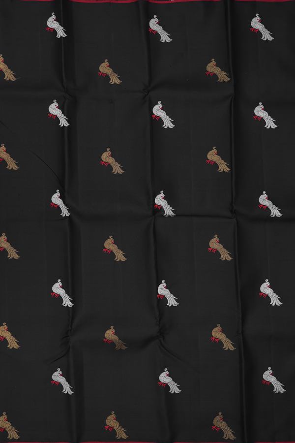 Kanchipuram Silk Saree In Black With Parrot Motifs