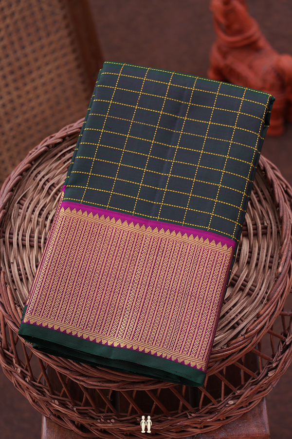 Kanchipuram Silk Saree In Forest Green With Checks Design