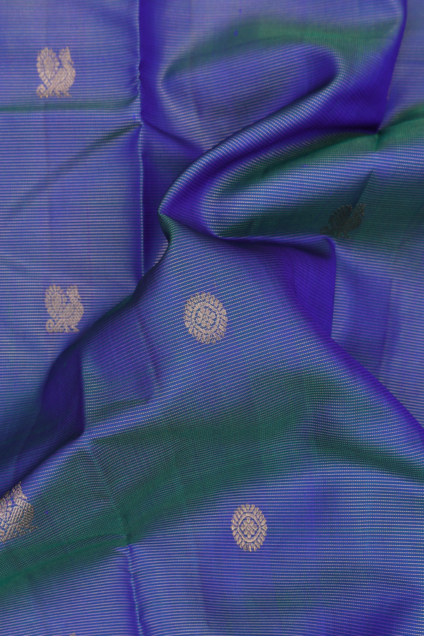 Kanchipuram Silk Saree In Blue With Stripes Along Buttas