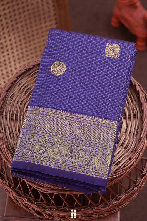 Kanchipuram Silk Saree In Royal Blue Along Checks With Motifs
