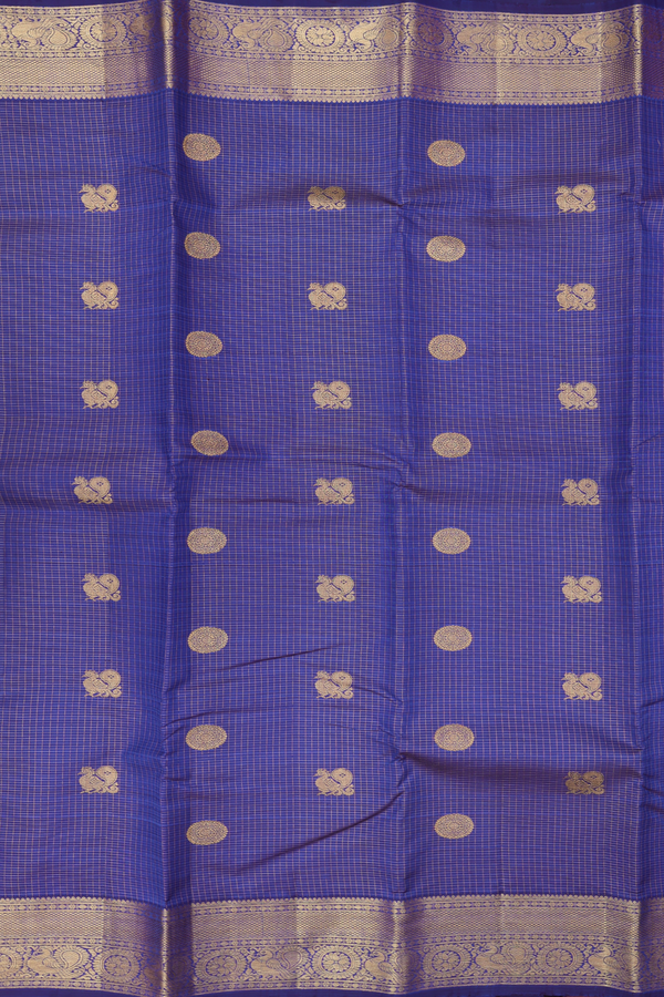 Kanchipuram Silk Saree In Royal Blue Along Checks With Motifs