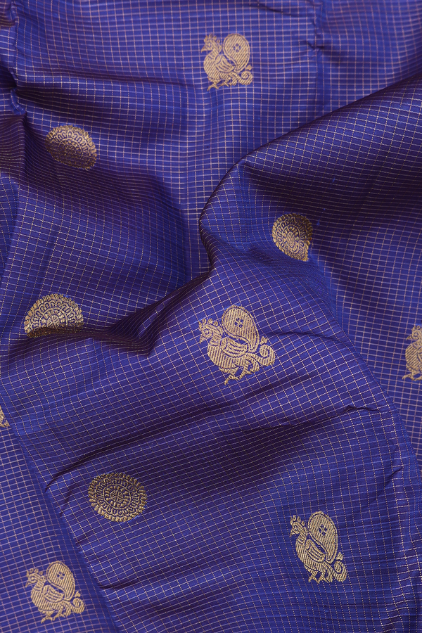 Kanchipuram Silk Saree In Royal Blue Along Checks With Motifs