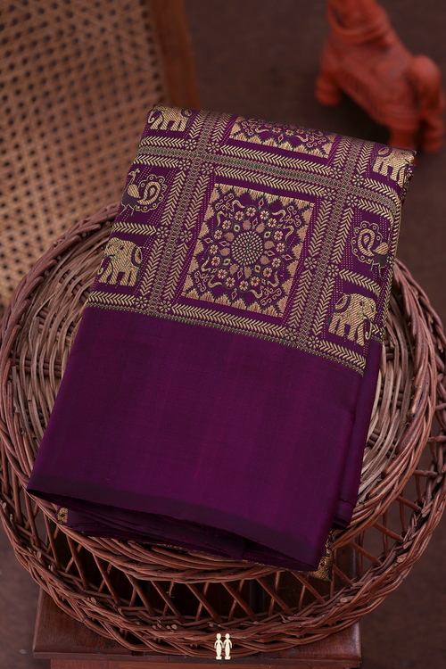 Kanchipuram Silk Saree In Deep Purple With Elephant Design