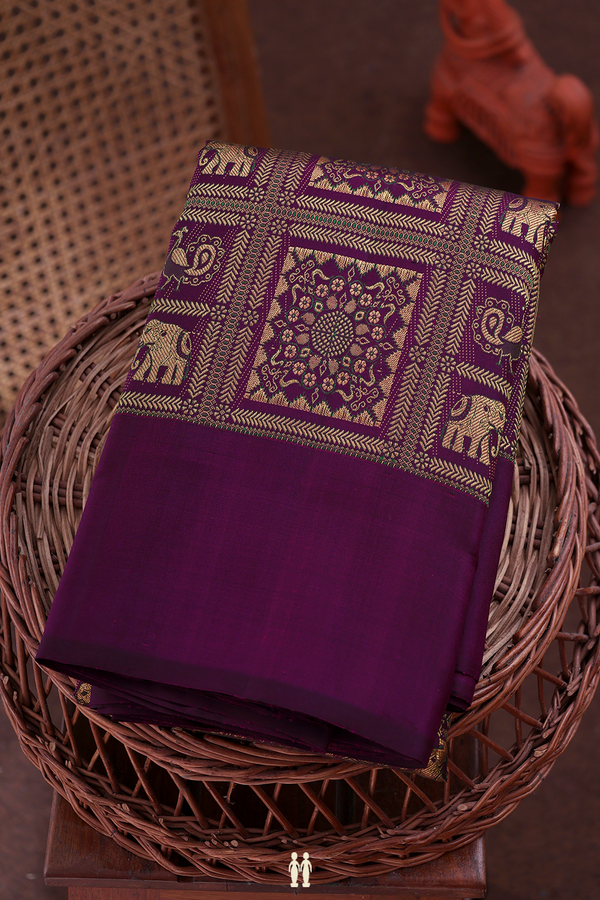 Kanchipuram Silk Saree In Deep Purple With Elephant Design