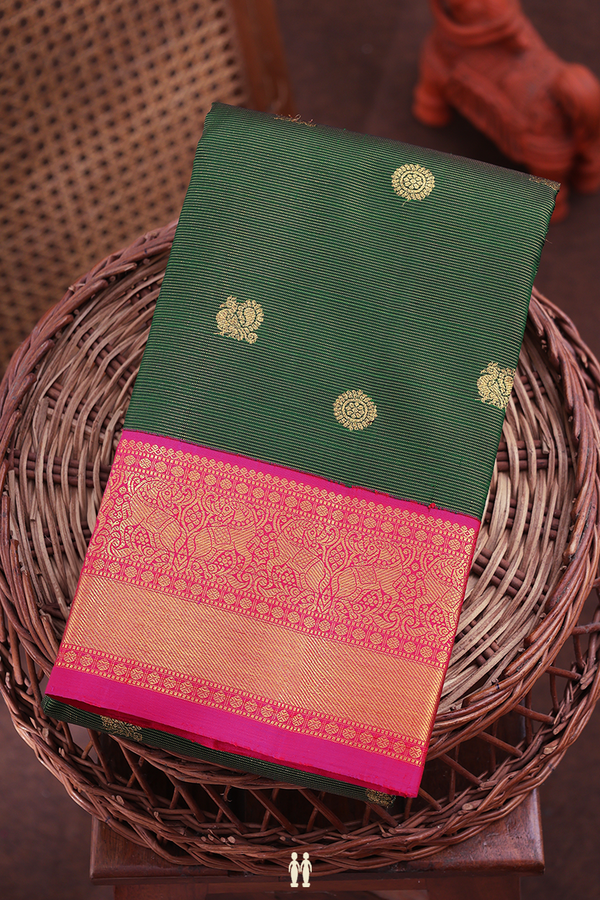 Kanchipuram Silk Saree In Green Along Stripes With Buttas