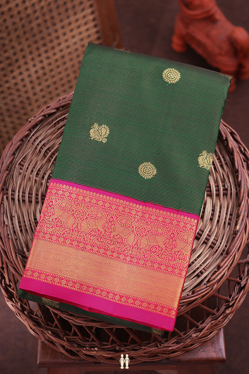 Kanchipuram Silk Saree In Green Along Stripes With Buttas