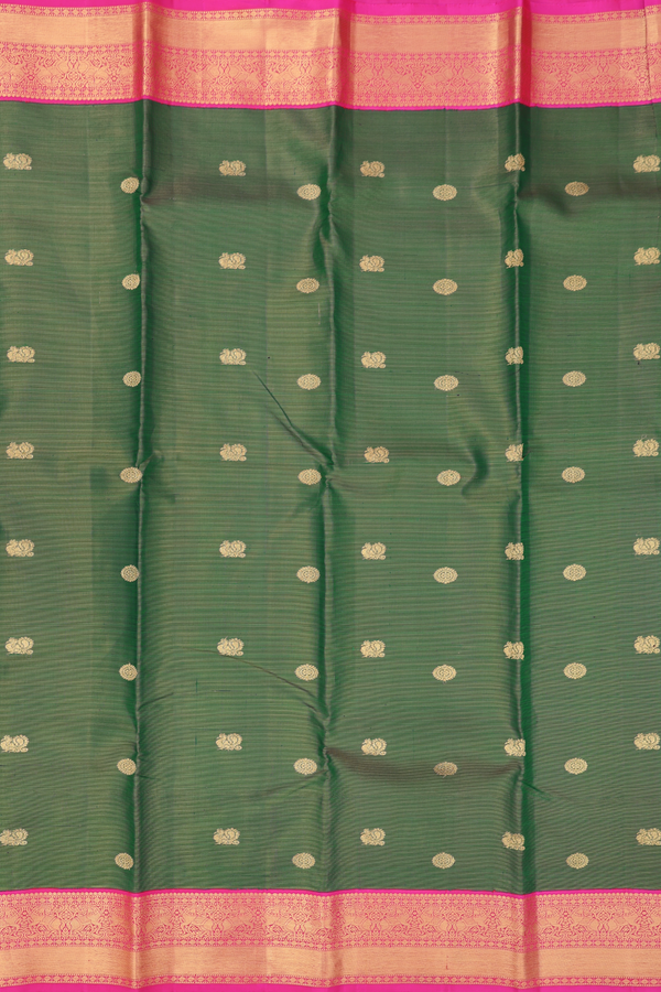 Kanchipuram Silk Saree In Green Along Stripes With Buttas