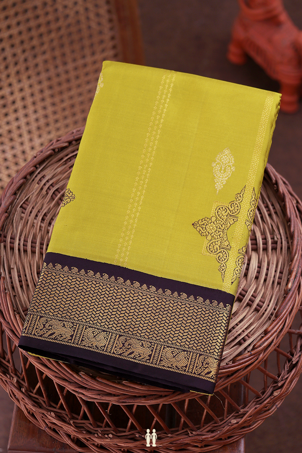 Kanchipuram Silk Saree In Pear Green Along Stripes With Buttas