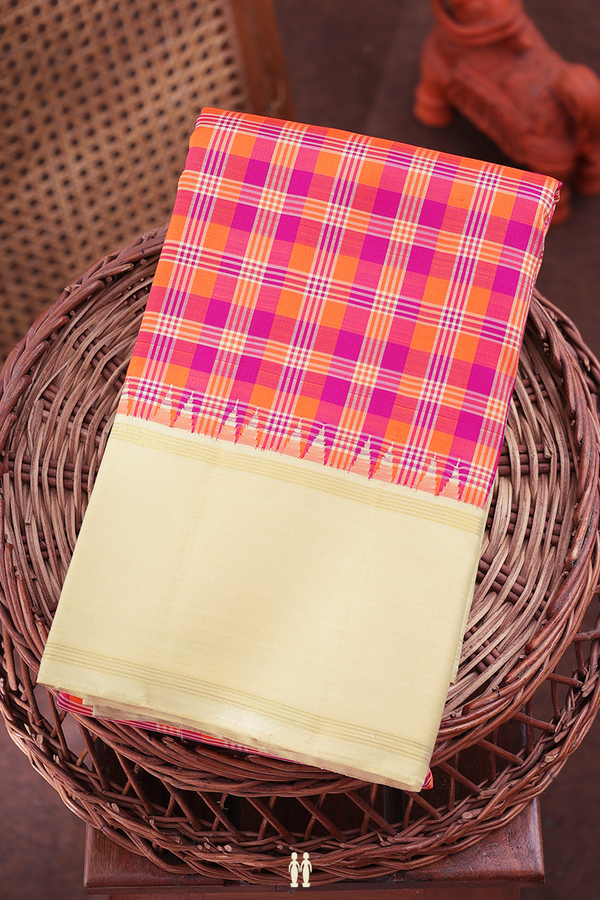 Kanchipuram Silk Saree In Orange And Magenta With Checks Deisgn
