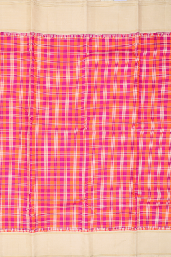 Kanchipuram Silk Saree In Orange And Magenta With Checks Deisgn