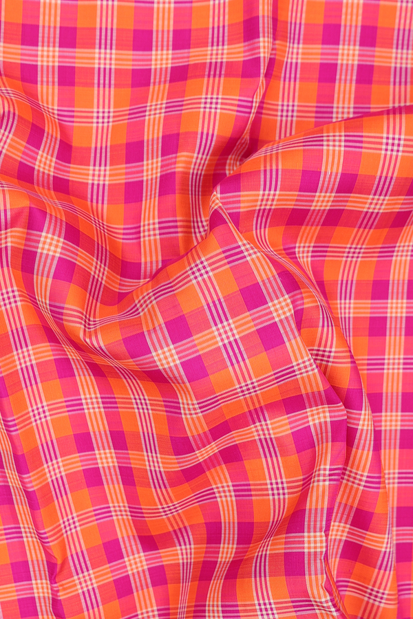 Kanchipuram Silk Saree In Orange And Magenta With Checks Deisgn