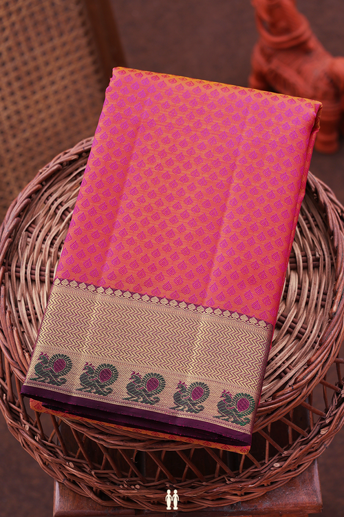 Kanchipuram Silk Saree In Coral Pink With Jacquard Pattern