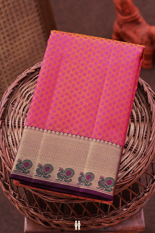 Kanchipuram Silk Saree In Coral Pink With Jacquard Pattern