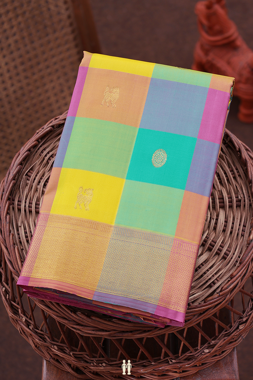 Kanchipuram Silk Saree In Multicolor With Checks Design