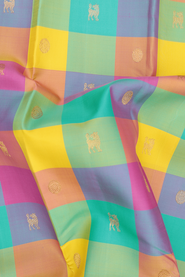 Kanchipuram Silk Saree In Multicolor With Checks Design