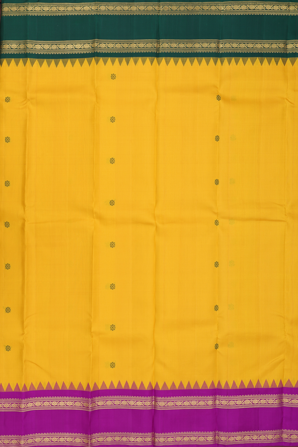 Kanchipuram Silk Saree In Saffron Yellow With Floral Buttas