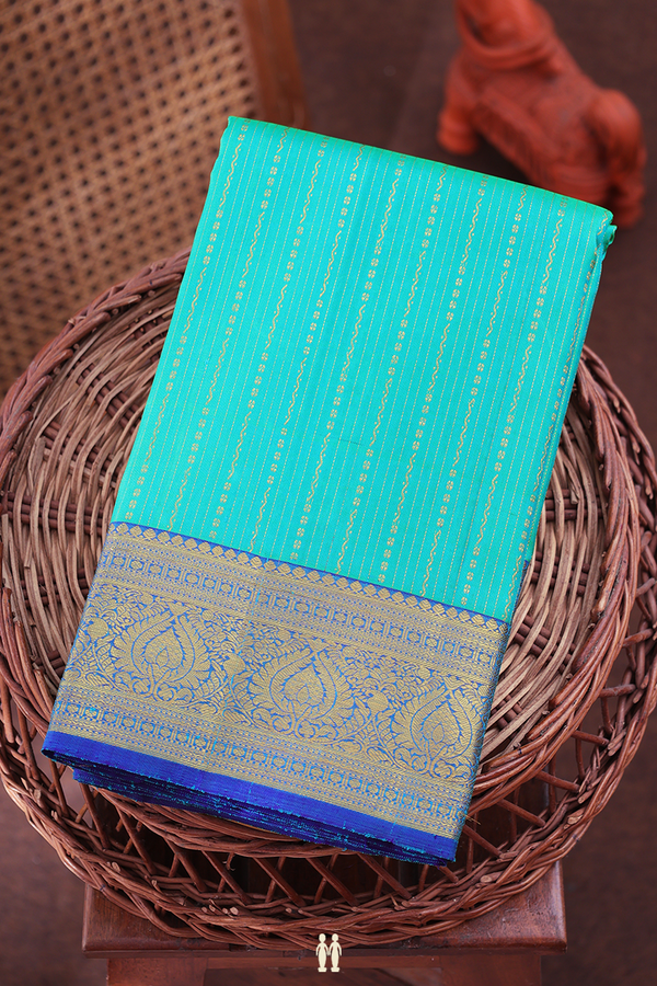 Kanchipuram Silk Saree In Bluish Green With Stripes Design