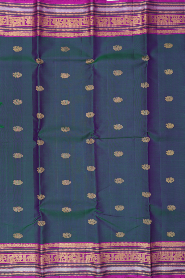 Kanchipuram Silk Saree In Prussian Blue With Peacock Buttas