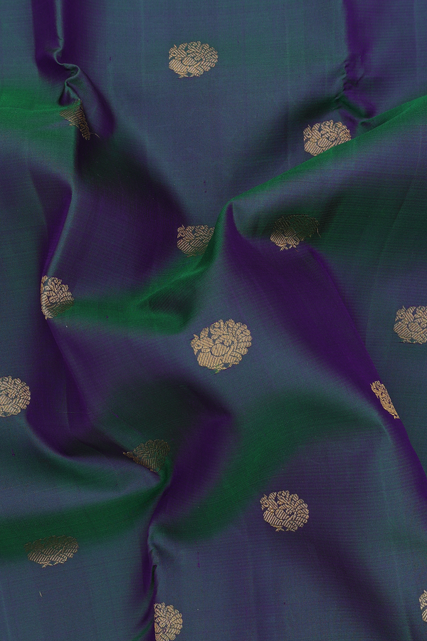 Kanchipuram Silk Saree In Prussian Blue With Peacock Buttas