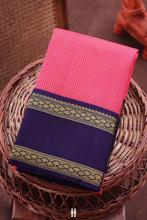 Kanchipuram Silk Saree In Orange And Magenta With Checks Design