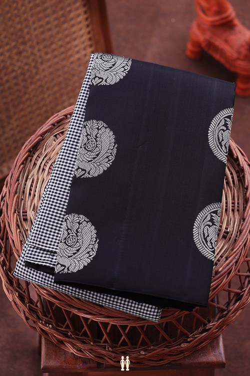 Kanchipuram Silk Saree In Black And White With Checks Design
