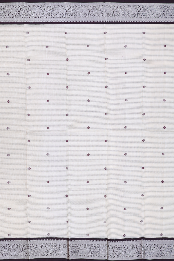 Kanchipuram Silk Saree In White Along Stripes With Buttas