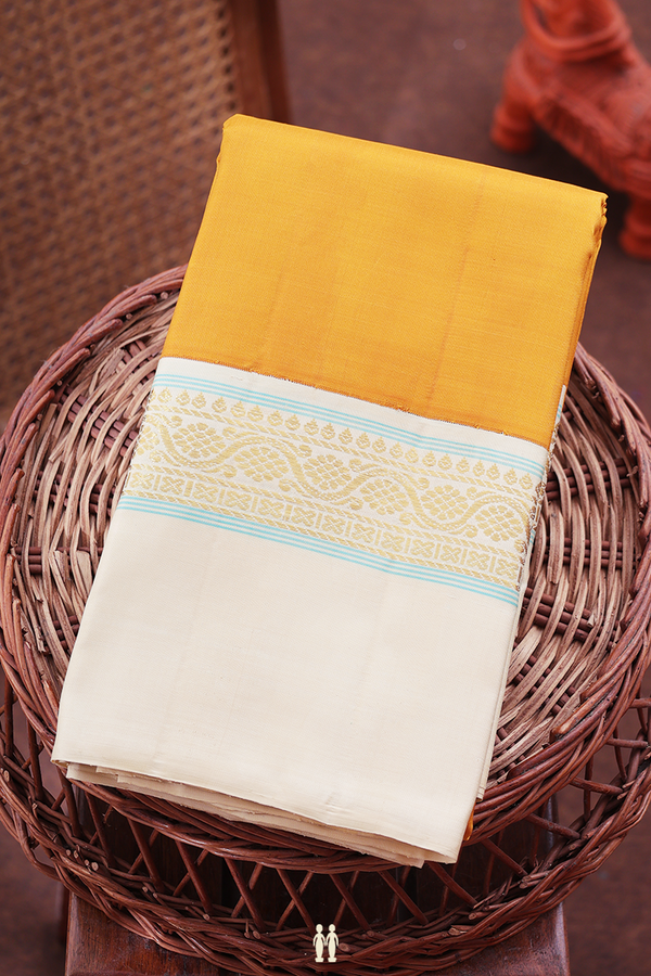 Kanchipuram Silk Saree In Mustard Yellow With Contrast Border