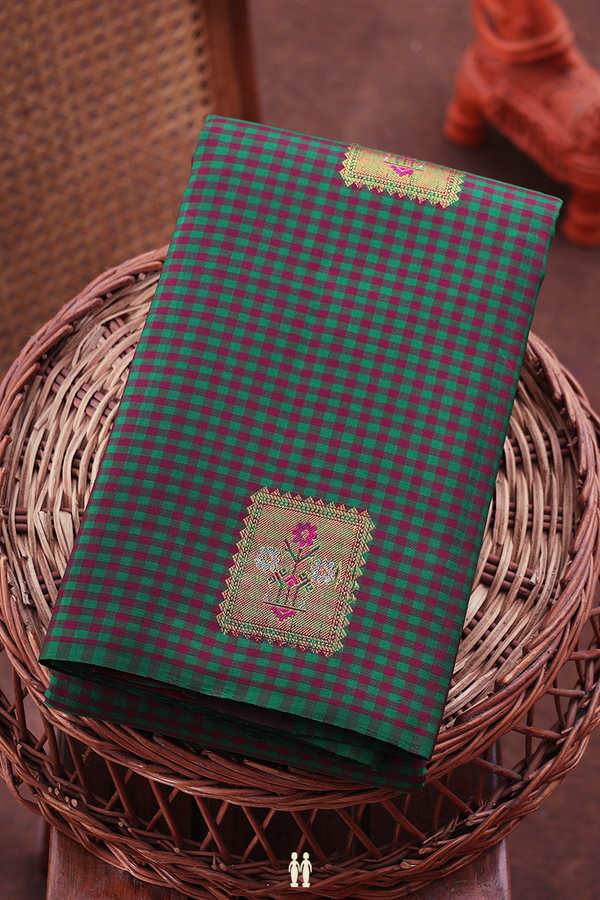 Kanchipuram Silk Saree In Green And Brown With Checks Design