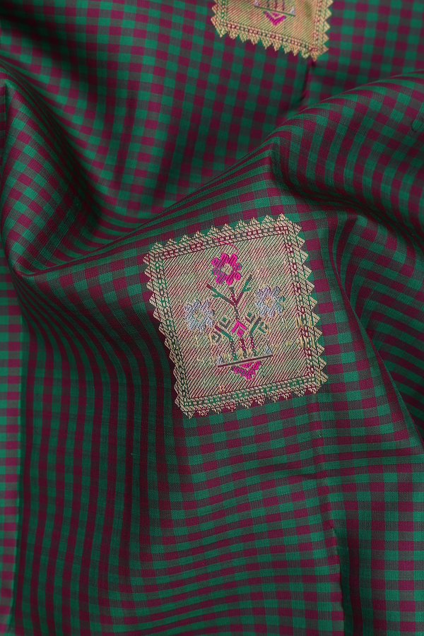Kanchipuram Silk Saree In Green And Brown With Checks Design