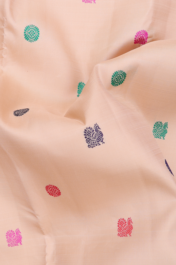 Kanchipuram Silk Saree In Cream Color With Peacock Buttas