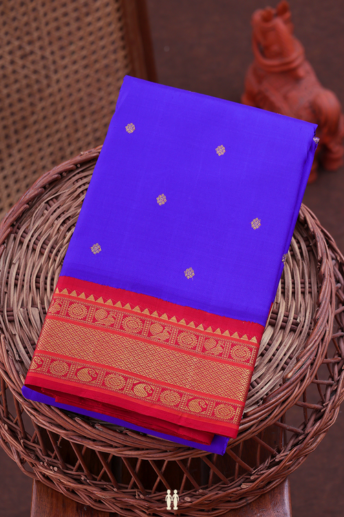 Kanchipuram Silk Saree In Indigo Blue With Zari Buttas