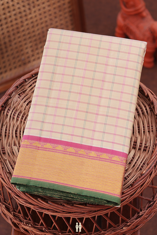 Kanchipuram Silk Saree In Cream Color With Checks Design