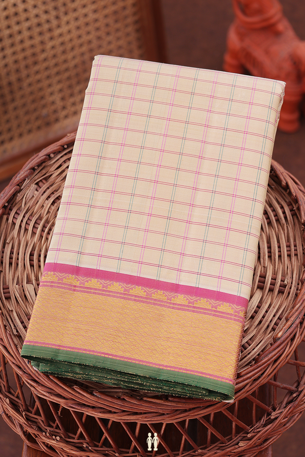 Kanchipuram Silk Saree In Cream Color With Checks Design