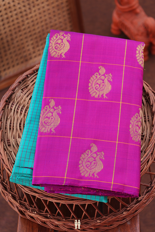 Kanchipuram Silk Saree In Green With Checks Design