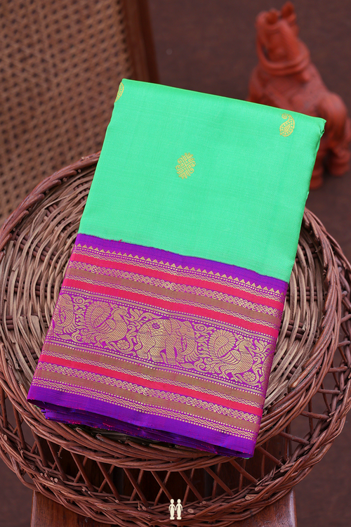 Kanchipuram Silk Saree In Green With Paisley Buttas