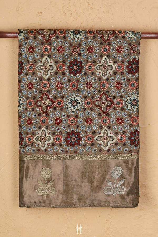 Modal Silk Saree In Brown With Ajrakh Printed Design