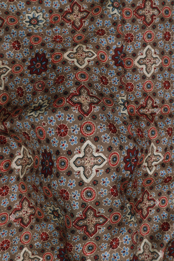 Modal Silk Saree In Brown With Ajrakh Printed Design