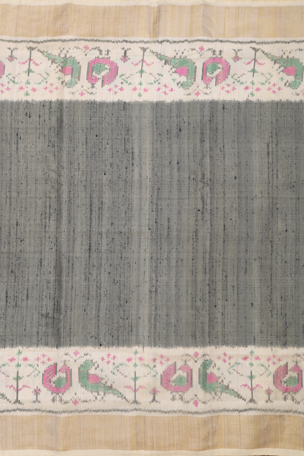 Patola Silk Saree In Greyish Green With Contrast Border