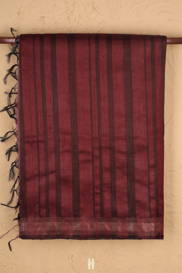 Tussar Silk Saree In Maroon With Stripes Design