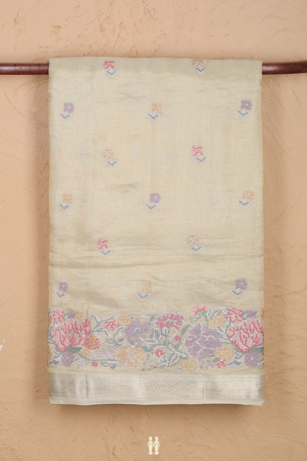 Tussar Silk Saree In Tissue Light Yellow With Floral Buttas